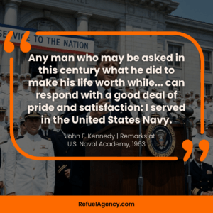 John F. Kennedy giving a speech at the Naval Academy about military service pride