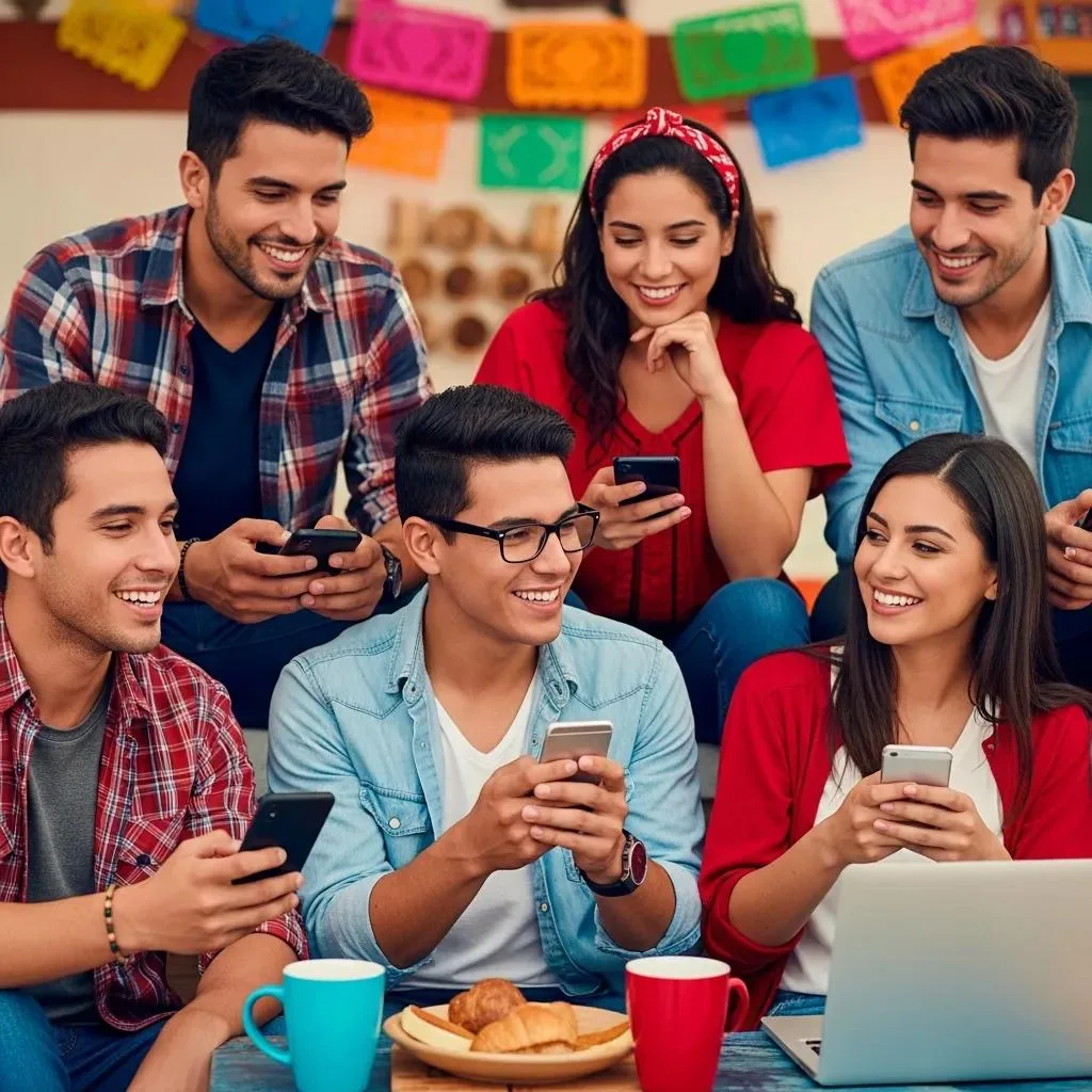 Diverse Hispanic Gen Z individuals engaging with technology in a vibrant, culturally rich environment