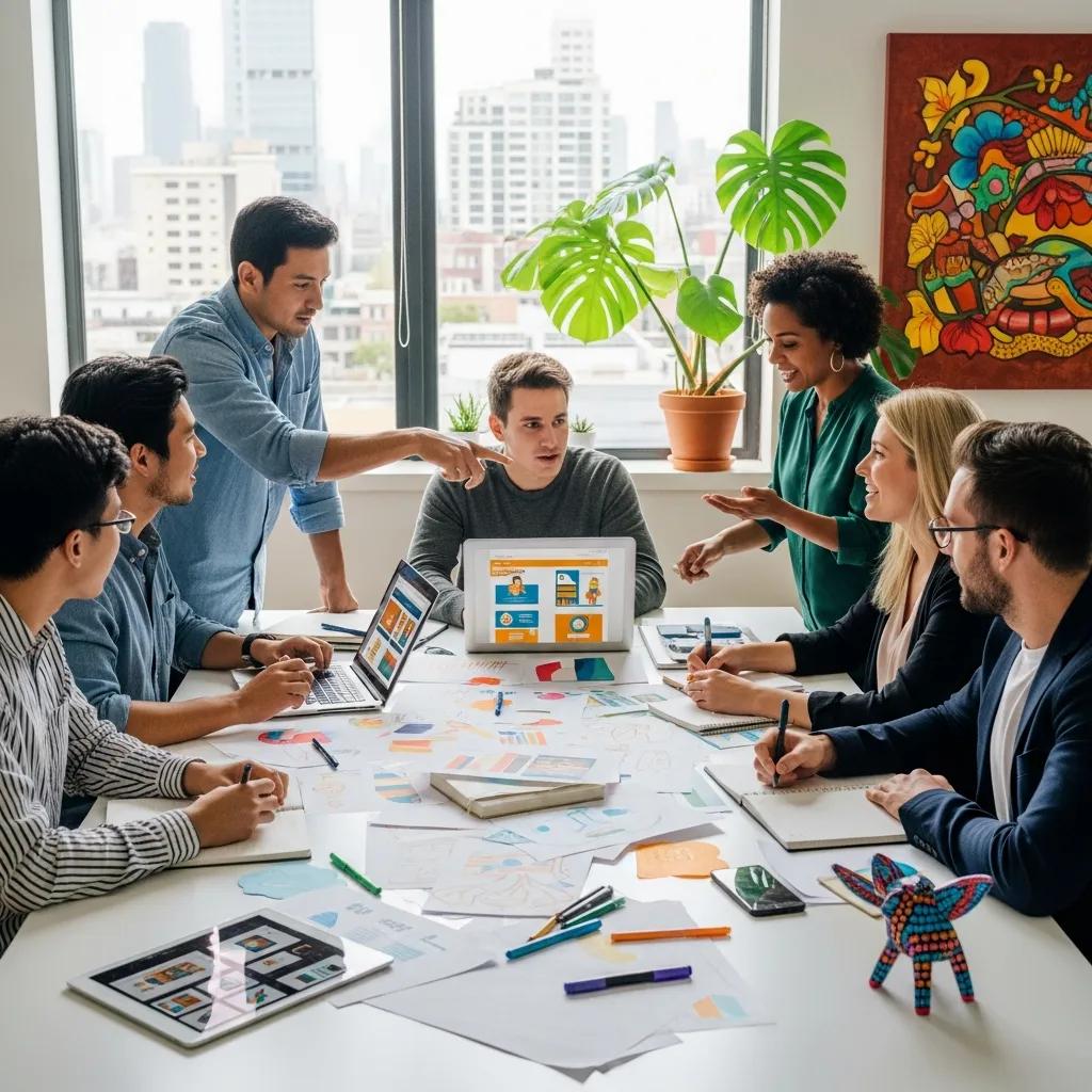 Marketing team brainstorming bilingual strategies in a modern, culturally diverse office setting